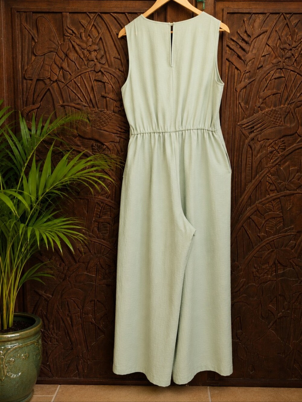 Sage Green Faux Wrap Wide Leg Palazzo Jumpsuit V-Neck Pockets Large Linen Look - Picture 6 of 14